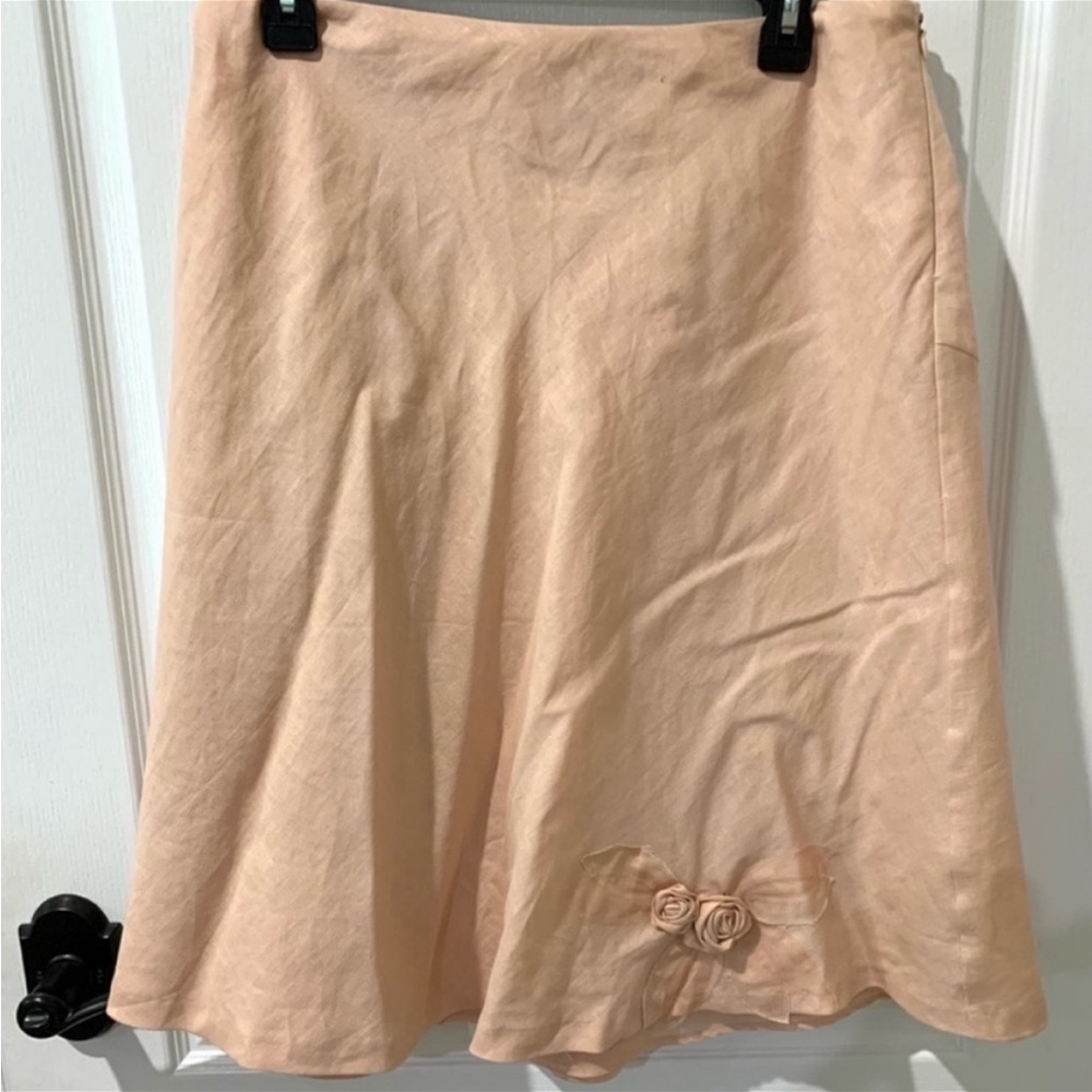 Kenar Blush Pink Linen A-Line Skirt with Floral Appliqué Sz 10 NWT